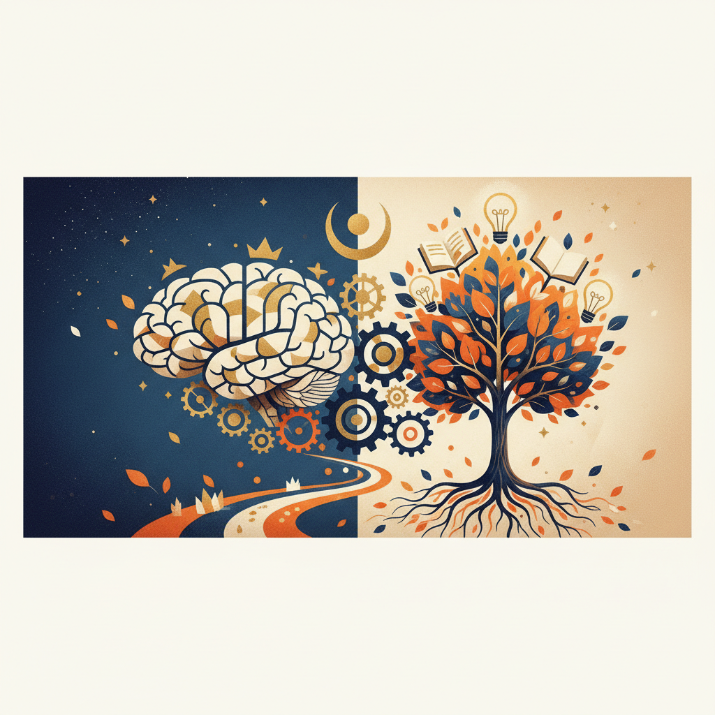 Representação simbólica de engrenagens de cores vibrantes se conectando a um cérebro estilizado e a uma árvore crescendo, sob um céu que transita do entardecer para o amanhecer, evocando a ideia de um novo ciclo de aprendizado e inovação.