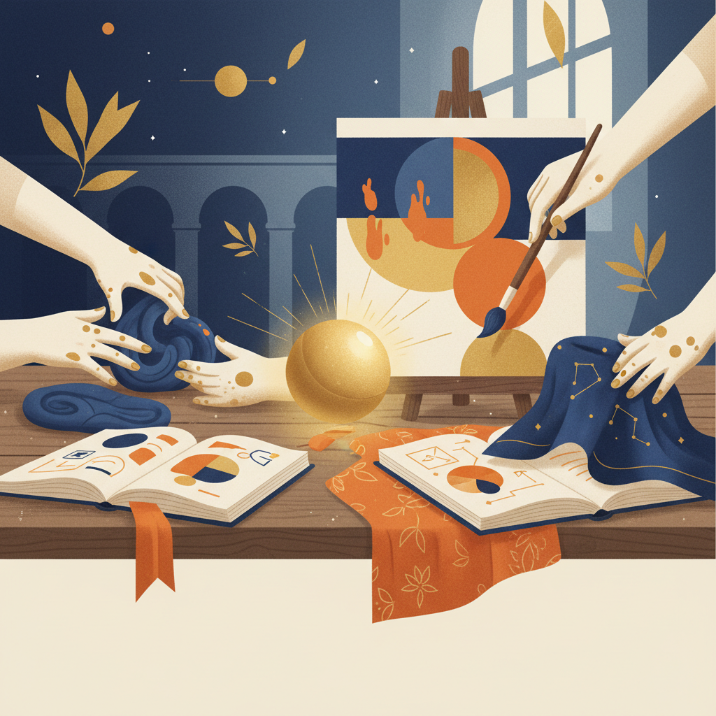 Mãos infantis interagindo com materiais diversos como argila, tintas e tecidos, em uma mesa de madeira rústica, sob uma luz suave que destaca o fazer e a concentração.