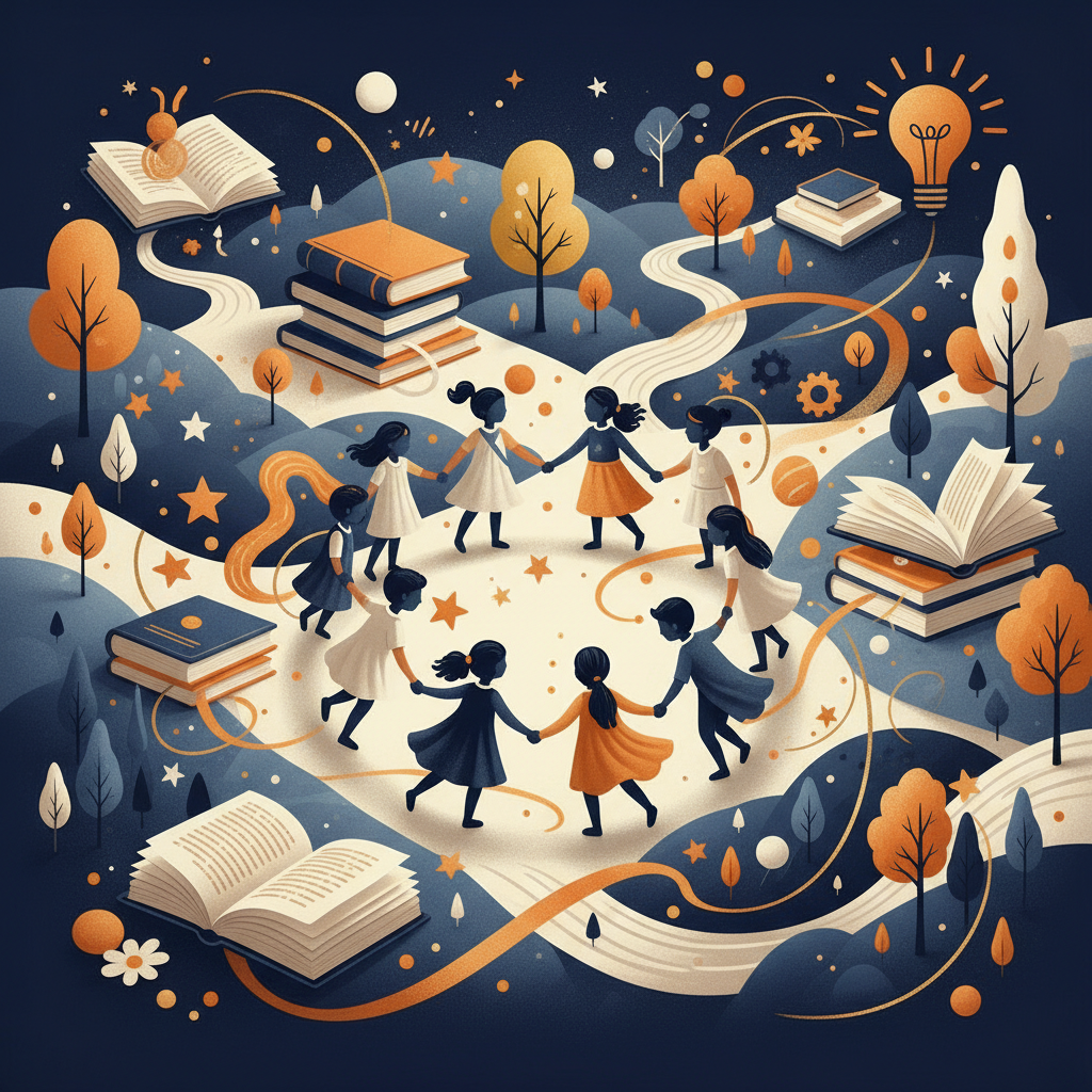 Crianças de diversas etnias em círculo, de mãos dadas, cantando e sorrindo em um cenário lúdico e colorido com elementos da natureza e livros.
