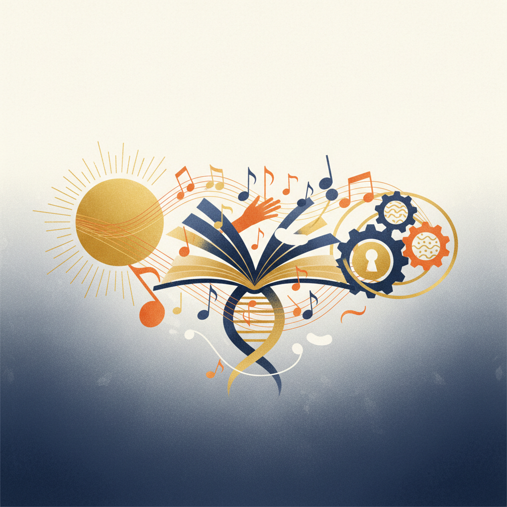 Uma ilustração simbólica e abstrata que representa o método HARMEL, com formas geométricas e orgânicas em cores vibrantes, simbolizando harmonia, ritmo e melodia se entrelaçando em um contexto educativo para crianças.