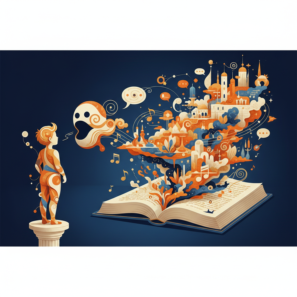 Uma ilustração simbólica de uma criança observando um mundo colorido que se desdobra como um livro aberto, com balões de fala e elementos musicais sutilmente entrelaçados.