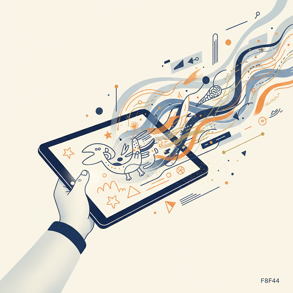 Uma criança desenhando num tablet, com projeções abstratas de dados e redes neurais ao redor, representando a interação entre criatividade infantil e tecnologia.