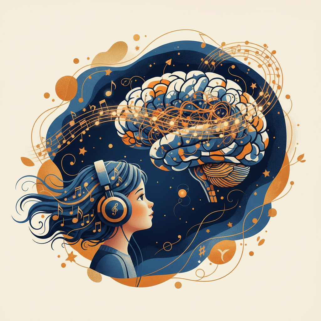 Uma criança com headphones simbolicamente feitos de notas musicais flutuantes, observando um complexo e vibrante emaranhado de neurônios que se acendem e formam uma melodia abstrata no centro de um cérebro estilizado e colorido.