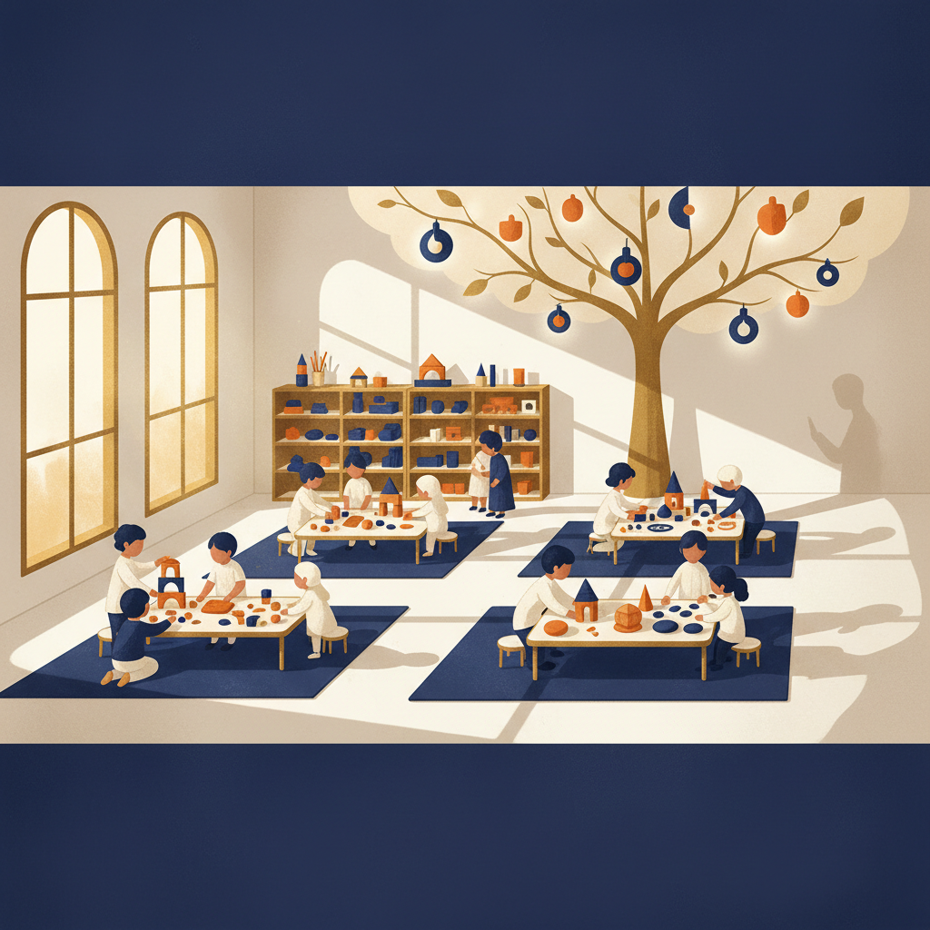 Crianças brasileiras de diferentes etnias em uma sala de aula ampla e iluminada, brincando com materiais naturais e sustentáveis, com espaços aconchegantes para leitura e experimentação, sob a supervisão sutil de um adulto.