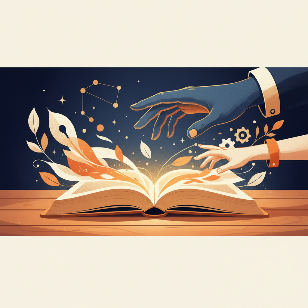 Mãos de uma adulta e uma criança entrelaçadas sobre um livro aberto, simbolizando conexão e aprendizado.