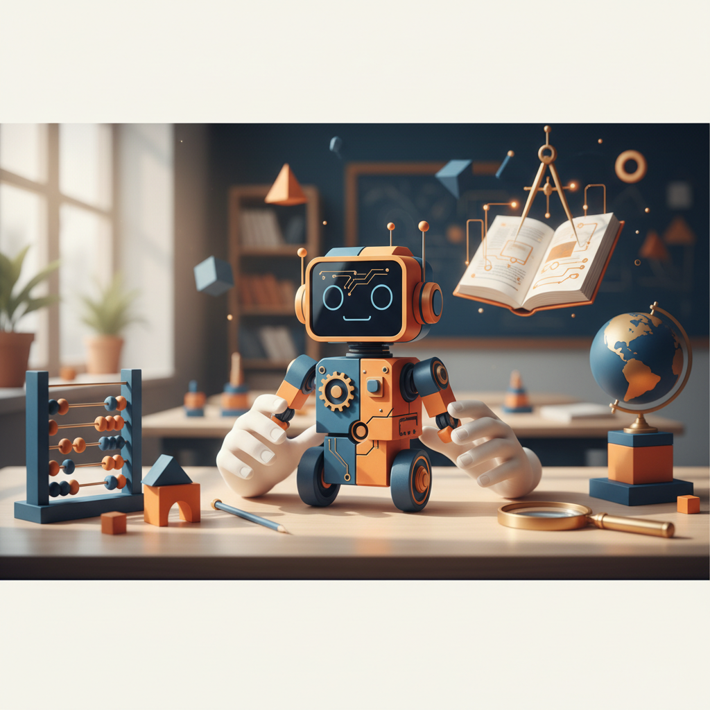 Mãos de uma criança em foco, interagindo com um brinquedo de robótica sem tela, em um ambiente de sala de aula com elementos STEAM.